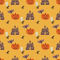 Halloween nahtloses Muster mit Kürbis, Katze, Kerzen, Hexenhut und Vampirfledermaus. vektor