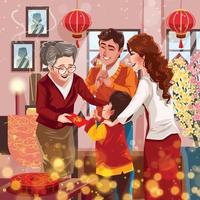 Frohes chinesisches neues Jahr mit Großmutter, die rotes Umschlagkonzept gibt