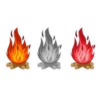 rote, schwarze und orange Feuerflammen auf Holz oder Lagerfeuer. Vektor-Illustration wird auf weißem Hintergrund gemacht.