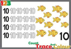 Zahlenspur und Farbe mit Fisch für Kinder vektor