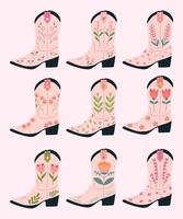 einstellen von Rosa Cowgirl Stiefel mit anders Blumen Ornamente. wild Westen Mode Stil. Sammlung von retro Elemente. Frauen Cowboy Zubehör. Vektor eben Vektor Illustration.