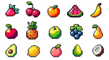 uppsättning av pixel konst frukter. gammal stil 8 bit ikoner friska mat. äpple, banan, körsbär, citron, persika, kokos, päron, jordgubbe, vattenmelon, orange, och Övrig. årgång dator arkad vektor objekt uppsättning