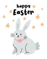 hälsning kort med söt kanin. påsk illustration med festlig djur i boho stil. Lycklig påsk. vektor tecknad serie illustration för skriva ut.