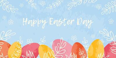 Feier Hintergrund mit Hand gezeichnet Weiß Gliederung Geäst, mehrfarbig Eier und Typografie glücklich Ostern Tag. eben Vektor Grunge texturiert Illustration auf Blau Hintergrund