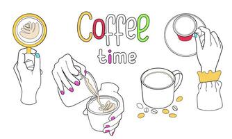 Mensch Hände sind halten Tasse von Kaffee. Barista macht Cappuccino. Gekritzel Gliederung Vektor Illustration zum Cafe Design