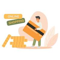 online Einkaufen Konzept. bargeldlos Zahlungen. Mann Tragen enorm Bank Karte. eben Vektor Illustration