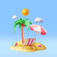 3d Deck Stuhl, schwimmen Ball, Seestern und tropisch Palme Baum. tropisch Insel. machen Konzept von Sommer- Urlaub. Sommer- Urlaub, Zeit zu Reise. Strand Entspannung. realistisch Vektor Illustration