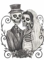 skelett älskande par bröllop dag av de död- design förbi hand teckning på papper. vektor
