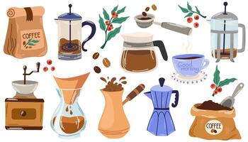 kaffe element uppsättning. maskin, bryggning verktyg, Tillbehör, papper koppar, glasögon, bönor, påsar och bageri. kaffe hus grejer, kvarn, cezve, vattenkokare. platt vektor illustrationer isolerat på vit bakgrund