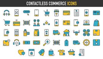 kontaktlös handel ikoner. sådan som handla vagn, kreditera kort, uppkopplad ordning, streckkod, leverans, försäljning, korg, och Mer. vektor ikon illustration.