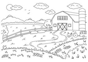 wunderschöne Naturlandschaft auf dem Bauernhof. Malbuchseite für Kinder. Cartoon-Stil. Vektor-Illustration isoliert auf weißem Hintergrund. vektor