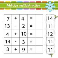 Addition und Subtraktion. Aufgabe für Kinder. Ausschneiden und Einfügen. Arbeitsblatt zur Bildungsentwicklung. Aktivitätsseite. Spiel für Kinder. lustiger Charakter. isolierte Vektor-Illustration. Cartoon-Stil. vektor