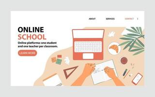 Landing-Page-Draufsicht auf einem Tisch mit einem Laptop und Händen, die in ein Notizbuch schreiben. flacher Vektor. vektor