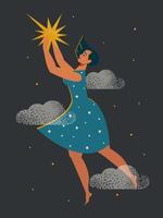 kvinna med en stjärna. söt Lycklig kvinna i en blå klänning flygande i de moln med en gul stjärna i henne händer. Följ din drömmar. vektor. vektor