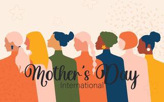 International Mutter Tag. Silhouetten von multiethnisch Frauen. horizontal Postkarte mit ein Weiß Hintergrund. Vektor. vektor