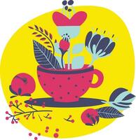 ein bunt Illustration von ein Tasse von Tee mit Blumen vektor