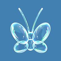 tvål bubblor, vatten droppar i de form av , fjäril med skuggor på blå bakgrund. vektor illustration med vatten droppar.