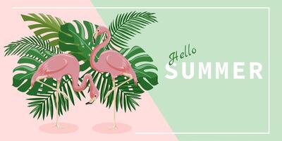 Sommer- Hintergrund mit tropisch Blätter und Flamingos. tropisch bunt Sommer- Hintergrund Vorlage zum Banner, Speisekarte, Einladung. Sommer- Hintergrund mit tropisch Stimmung vektor