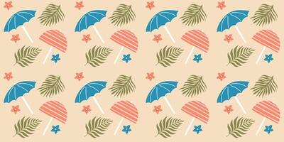 ritad för hand sömlös mönster med strand paraply och handflatan löv. vektor design på beige bakgrund.