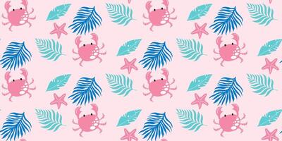 tropisk mönster med krabba, handflatan löv och sjöstjärna på rosa bakgrund. vektor sömlös design.