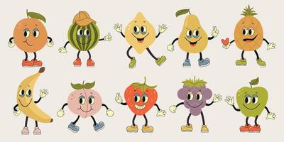 Obst retro funky Karikatur Figuren. groovig Früchte Satz. Hand zeichnen komisch retro Jahrgang modisch Stil Früchte Karikatur Charakter.groovy Sommer- Vektor Illustration. Früchte saftig Aufkleber Pack.