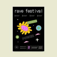 schwarz Poster mit bunt groovig Gänseblümchen, Wolken und Inschriften. Rave Festival Kunstwerk, Vektor Flyer.