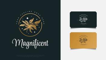 lyxig och elegant blomlogodesign med linjärt koncept och minimalistisk stil i gyllene gradient. blommig logotyp, kan användas för skönhet, smycken, mode och spa-industrier vektor