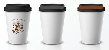 uppsättning av papper kaffe koppar på transparent bakgrund samling 3d kaffe kopp attrapp vektor mall