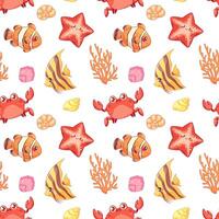 sömlös mönster av hav liv. krabba, fisk, skal, korall på vit bakgrund. vektor illustration för barn grafik, tyger