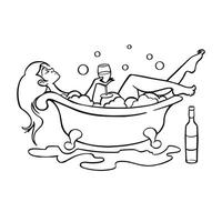 Vektor Illustration von ein jung Frau Lügen im ein Jahrgang Badewanne mit ein Glas von Wein. ein wunderbar Illustration von Entspannung und Komfort.