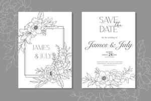 linje konst pion blomma bröllop inbjudan mall, översikt pion minimalistisk bröllop brevpapper vektor