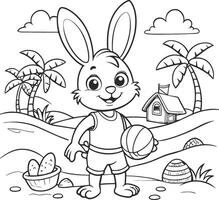 Illustration von Ostern Hase mit Ball auf das Strand zum Färbung Buch. Kind Färbung Seite vektor