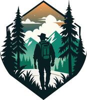 Wandern Mann mit Rucksack im das Wald. draussen Abenteuer Vektor Illustration