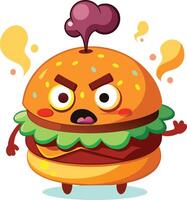 Illustration von ein Karikatur Hamburger mit ein wütend Gesicht auf ein Weiß Hintergrund vektor