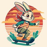 påsk kanin ridning en skateboard på de bakgrund retro stil vektor