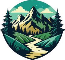 Berg Landschaft mit Wald und Fluss. Vektor Illustration im retro Stil.