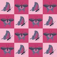 Kontrast geometrisch nahtlos Muster mit Schmetterling. eben Hand gezeichnet Insekten im Kontrast Quadrate. einzigartig retro drucken Design zum Textil, Hintergrund, Innere, Verpackung. Frühling Konzept vektor