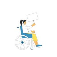 ung rullstol kvinna innehav tom baner. vektor