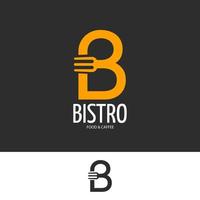 bistro café logotyp gul bokstav b på mörk bakgrund och gaffel mall illustration design vektor