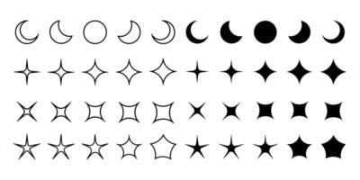 grafisk former samling med stjärnor, blinkar och måne faser i översikt och djärv varianter, y2k design element, vektor illustration.