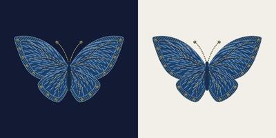 Blau Schmetterling im Denim Stil, mit Jeans Stoff texturiert Flügel, Gelb Faden Stiche, Jeans Nieten. detailliert isoliert Illustration. Jahrgang Stil. vektor