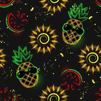 sommar sömlös mönster med ikoner av ananas, vattenmelon, Sol ikon, befläckade måla. ljus lysande neon färger. översikt, kontur illustrationer. vektor
