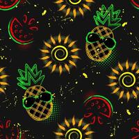 Sommer- nahtlos Muster mit Symbole von Ananas, Wassermelone, Sonne Symbol, bespritzt malen. hell glühend Neon- Farben. Umriss, Kontur Illustrationen. vektor