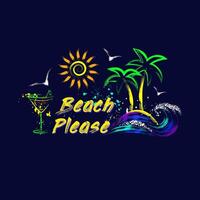 Sommer- Urlaub Etikett, Emblem mit tropisch Insel, Sonne Symbol, Ozean Wellen, Text. Farbe Bürste Schlaganfälle, bespritzt malen. hell glühend Neon- fluoreszierend Farben. Umriss, Kontur Abbildungen vektor