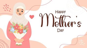 glücklich Mütter Tag Poster. süß Muslim Frau im Hijab mit Strauß Blume. islamisch weiblich ethnisch Charakter auf abstrakt Hintergrund. horizontal festlich Banner. Vektor Illustration