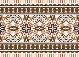 Blume Stickerei auf braun Hintergrund. Ikat und Kreuz Stich geometrisch nahtlos Muster ethnisch orientalisch traditionell. aztekisch Stil Illustration Design zum Teppich, Hintergrund, Kleidung, Verpackung, Batik. vektor