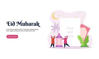 glücklich eid Mubarak oder Ramadan Gruß mit Menschen Charakter Illustration. islamisch Design Vorlage zum Banner, Landung Seite oder Poster. vektor