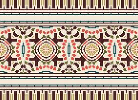 Blume Stickerei auf braun Hintergrund. Ikat und Kreuz Stich geometrisch nahtlos Muster ethnisch orientalisch traditionell. aztekisch Stil Illustration Design zum Teppich, Hintergrund, Kleidung, Verpackung, Batik. vektor