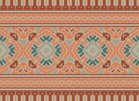 Blume Stickerei auf braun Hintergrund. Ikat und Kreuz Stich geometrisch nahtlos Muster ethnisch orientalisch traditionell. aztekisch Stil Illustration Design zum Teppich, Hintergrund, Kleidung, Verpackung, Batik. vektor