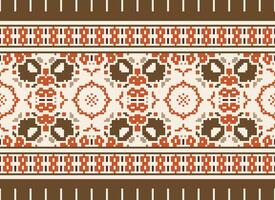 Blume Stickerei auf braun Hintergrund. Ikat und Kreuz Stich geometrisch nahtlos Muster ethnisch orientalisch traditionell. aztekisch Stil Illustration Design zum Teppich, Hintergrund, Kleidung, Verpackung, Batik. vektor